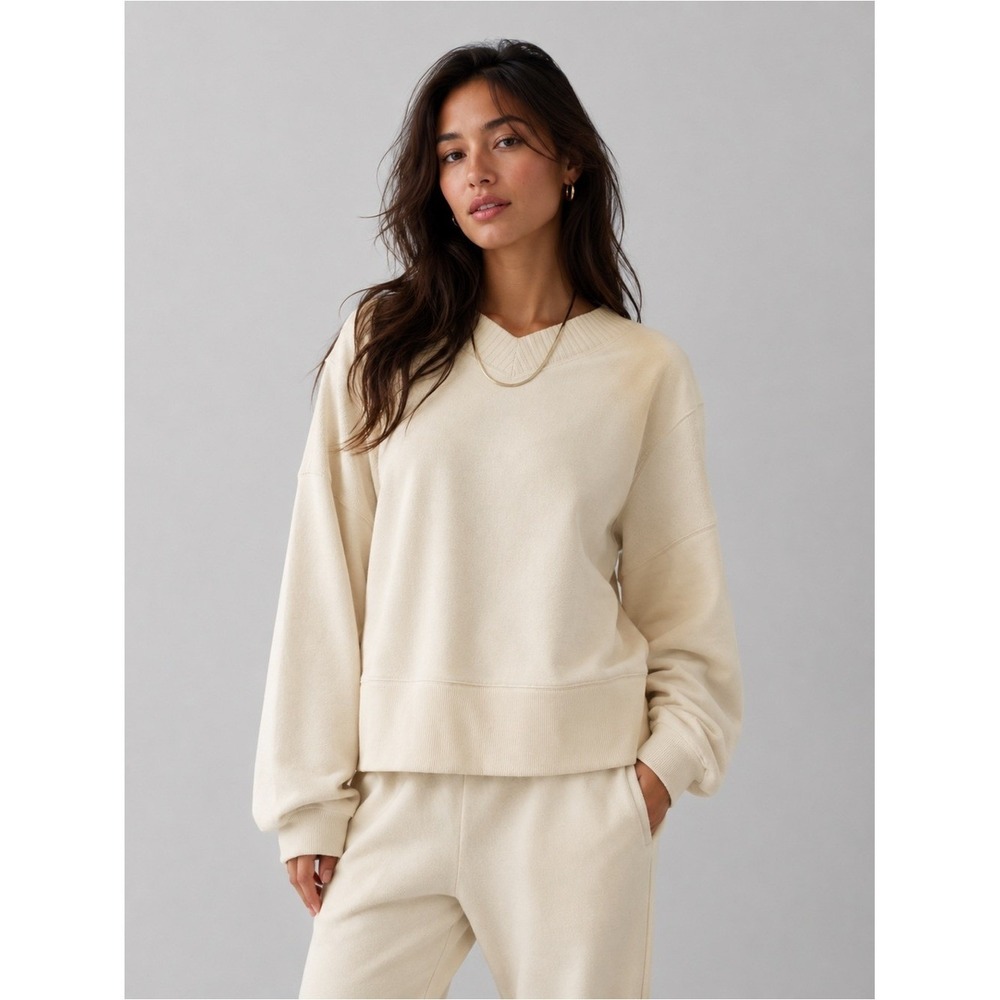 Aerie Sweatshirt Fleece V-Neck Textured Panel Small Cream Pullover